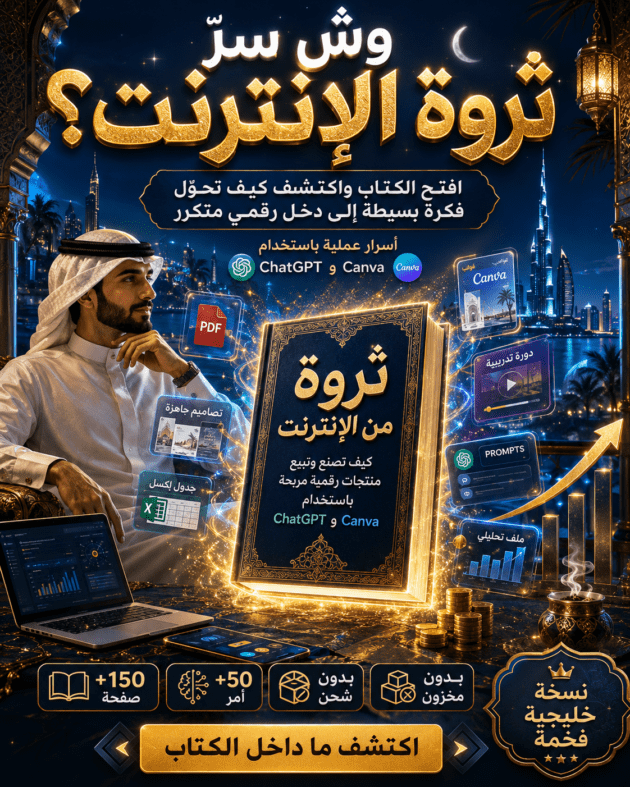 اكتشف كتاب ثروة من الإنترنت، دليل عملي من 150 صفحة يعلمك صناعة وبيع منتجات رقمية مربحة مثل كتب PDF وقوالب Canva باستخدام ChatGPT والذكاء الاصطناعي.