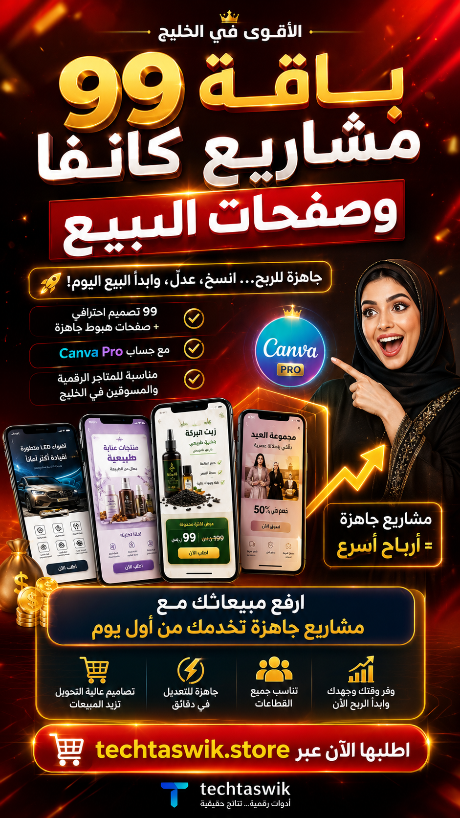 باقة 99 مشروع كانفا وصفحات بيع جاهزة من Techtaswik Store