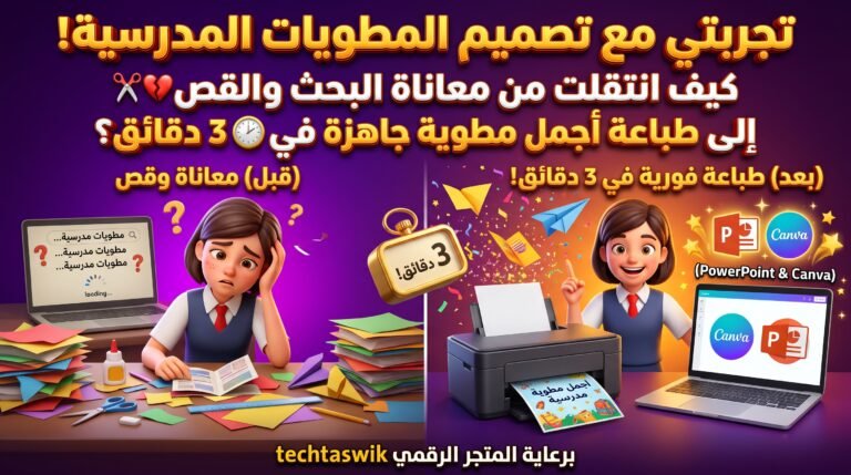 تجربتي مع تصميم المطويات المدرسية: كيف انتقلت من معاناة البحث والقص إلى طباعة أجمل مطوية جاهزة في 3 دقائق