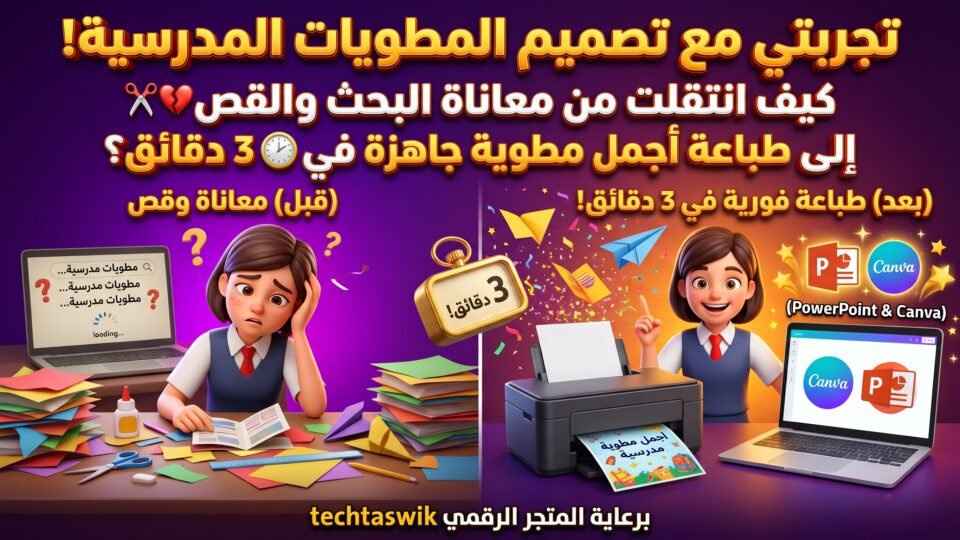 تجربتي مع تصميم المطويات المدرسية: كيف انتقلت من معاناة البحث والقص إلى طباعة أجمل مطوية جاهزة في 3 دقائق